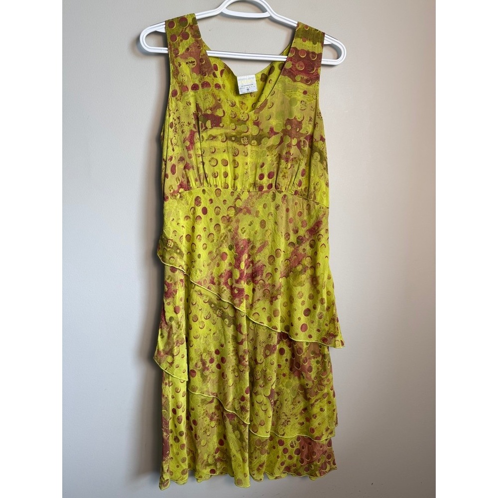Click by Color Me Cotton Women's Dress M Lime Yellow Tiered Boho Artsy Summer